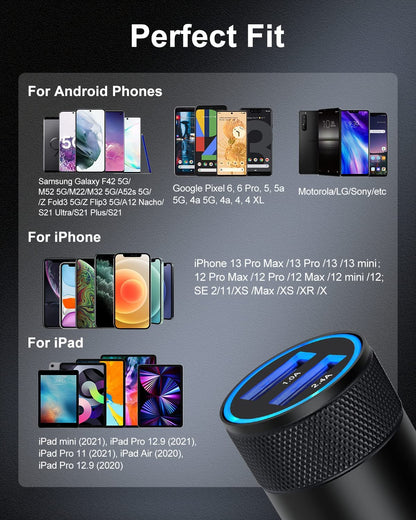 Car Charger, [2Pack/3.4A] Fast Charge Dual Port USB Cargador Carro Lighter Adapter for Iphone 15 14 13 12 11 Pro Max X XR XS 8 plus 16, Ipad, Samsung Galaxy S23 S22 S21 S10 plus S7 J7 S10E S9 Note 8